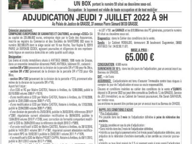 ADJUDICATION DU 7 JUILLET 2022 A 9H TRIBUNAL JUDICIAIRE DE GRASSE-EN UN SEUL LOT : UN APPARTEMENT ET UN BOX-MISE A PRIX 65.000€